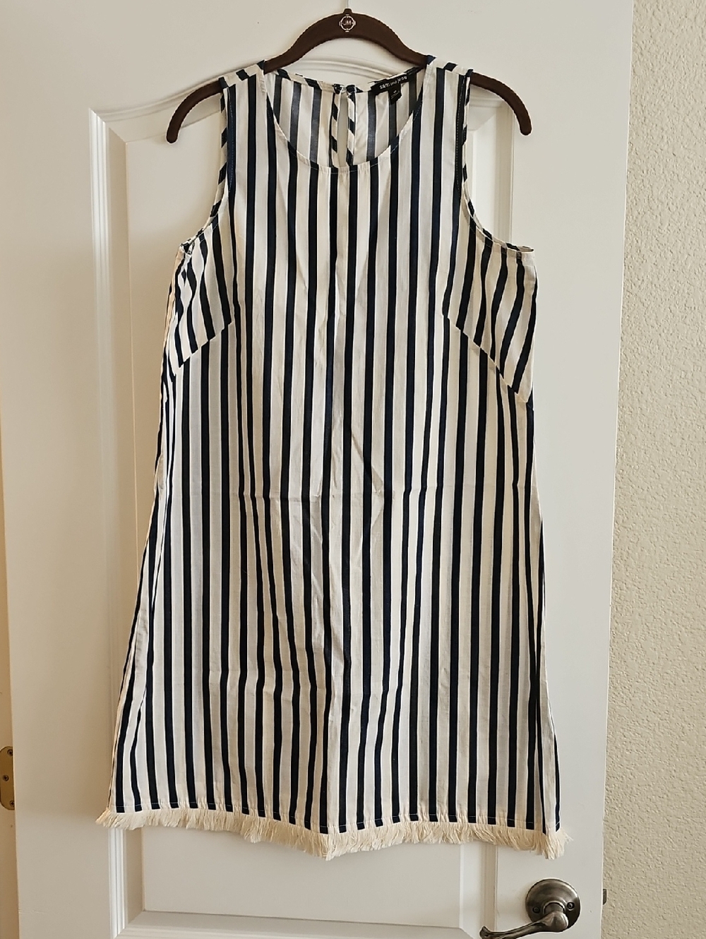 Navy and White Vertical Stripe Sleeveless Shift Dress